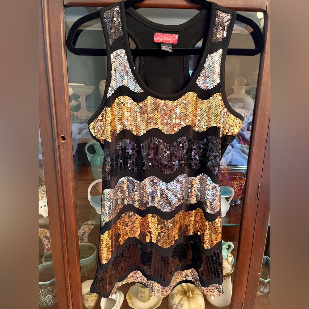Say What? Large Silver, Gold, and Black sequence tank top NWOT